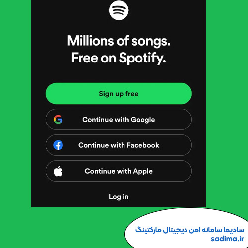 تصویر صفحه اول اپلیکیشن اسپاتیفای با دکمه Sign up free